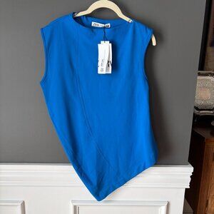 NWT Zara Asymmetrical Sleeveless Royal Blue Curved Hem Stretch Knit Top Medium